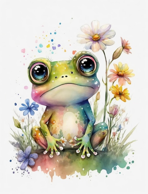 A frog sits on a rock with flowers and the words " frog " on the bottom.