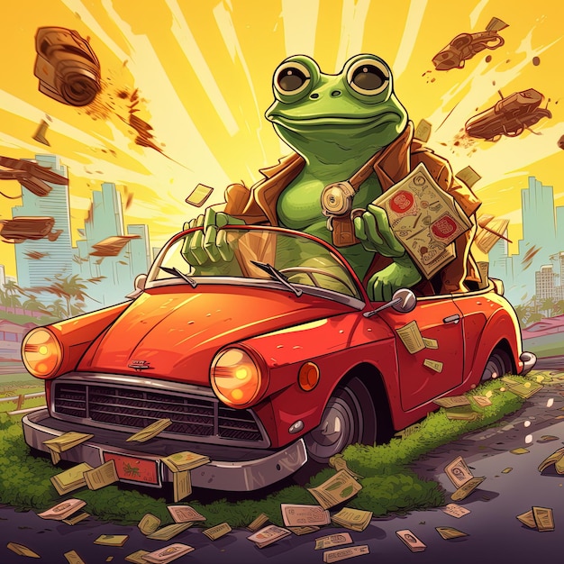 a frog sits on top of a red car with money in the background