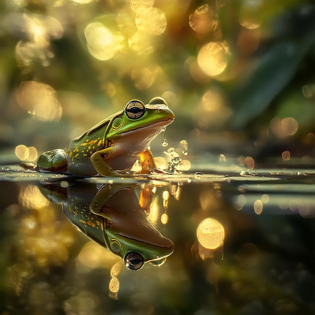 Photo a frog sits in the water with the sun behind him