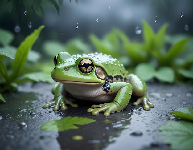 a frog sits on a wet surface with water drops