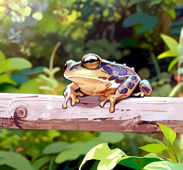 Photo a frog sits on a wooden fence with the frog on it