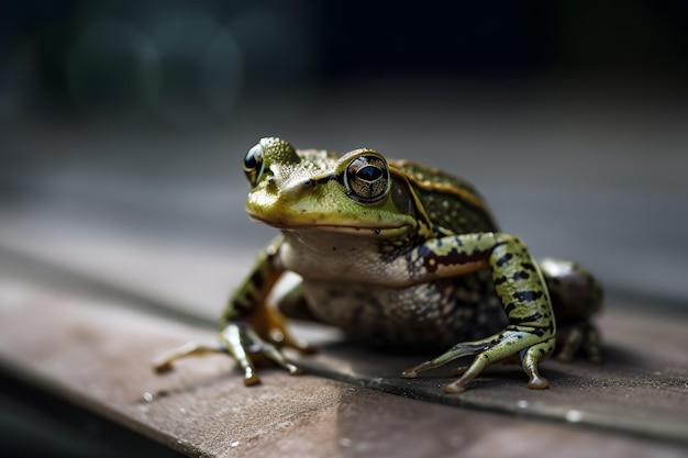 A frog sits on a wooden surface.