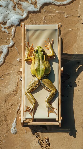 Photo a frog sitting on a beach chair with a towel