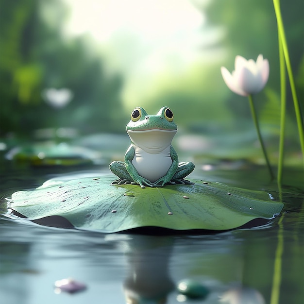 frog sitting on a leaf with water lilies in the background