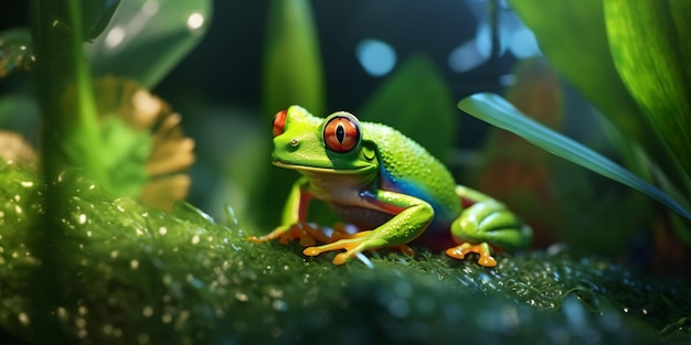 a frog sitting on a leafy plant in the darkac