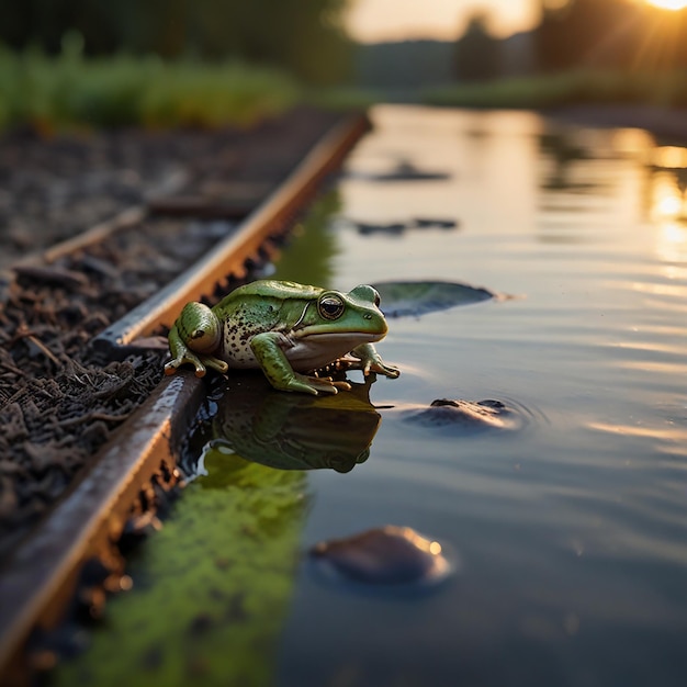 Photo frog sitting on a train track with the sun setting behind him