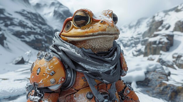 A Frog in a Spacesuit Gazes at a Snowy Mountain Landscape