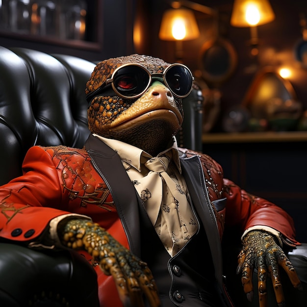 Photo a frog in a suit with sunglasses in the style of fashion photography