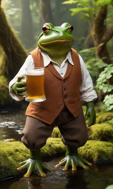 A frog that is holding a glass of beer