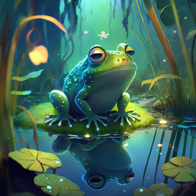 A frog that is sitting on a small island in a pond