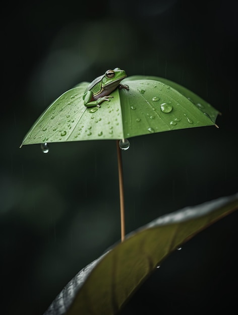 A frog on an umbrella with raindrops on it