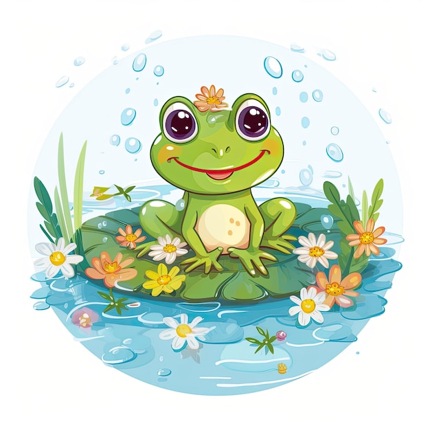 Frog in the water with flowers Cartoon character Cute Little Happy Frog clipart on top of water AI Generated