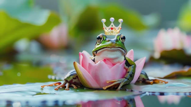 A frog wearing a crown sits on a lily pad