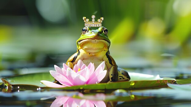 A frog wearing a crown sits on a lily pad