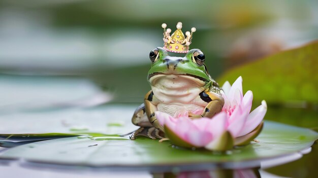 A frog wearing a crown sits on a pink water lily