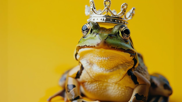 A frog wearing a golden crown against a yellow background