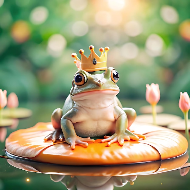 Photo a frog wearing a small crown sitting on a lily pad