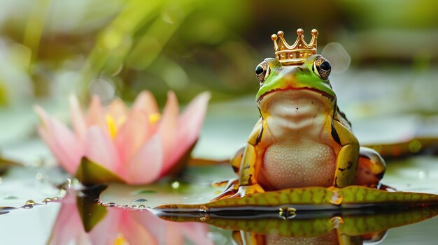 A frog wearing a tiny gold crown sits on a lily pad in a pond