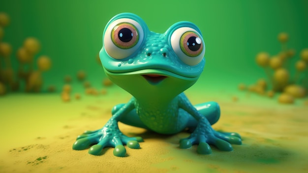 A frog with big eyes sits on a green background.