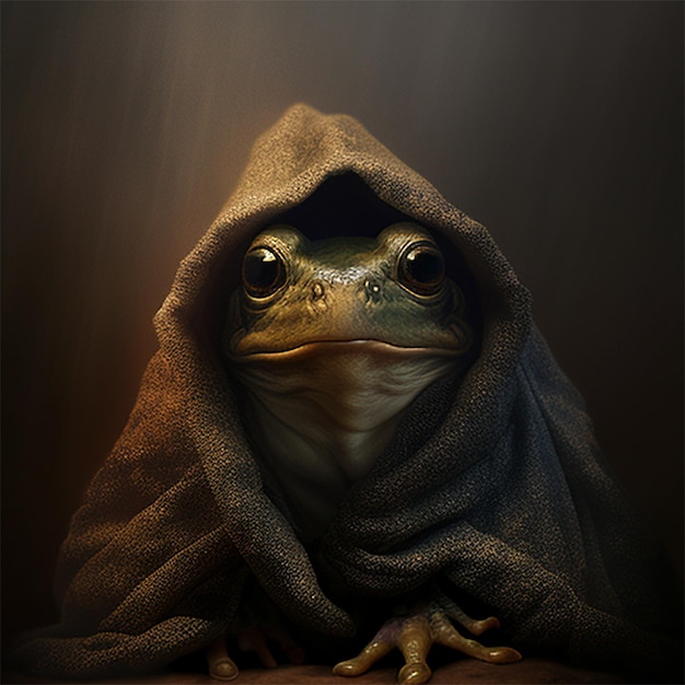 A frog with a blanket covering his face is covered in a blanket.