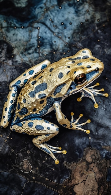 A frog with a blue body and black spots sits on a rock.