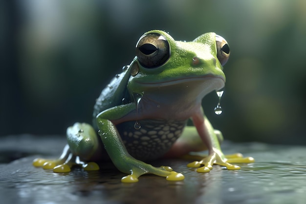 A frog with a drop of water on its nose sits on a wet surface.