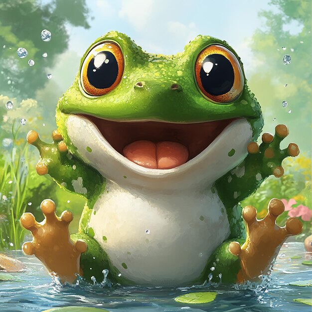 Photo a frog with a fish in the water and his hands in the air