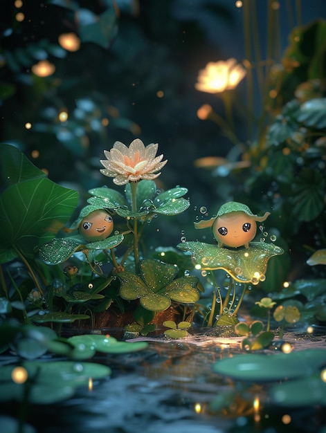 a frog with a frog on it is surrounded by water lilies