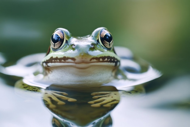 a frog with a green background and the reflection of its eyes