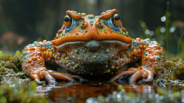 a frog with green eyes and orange spots on its head