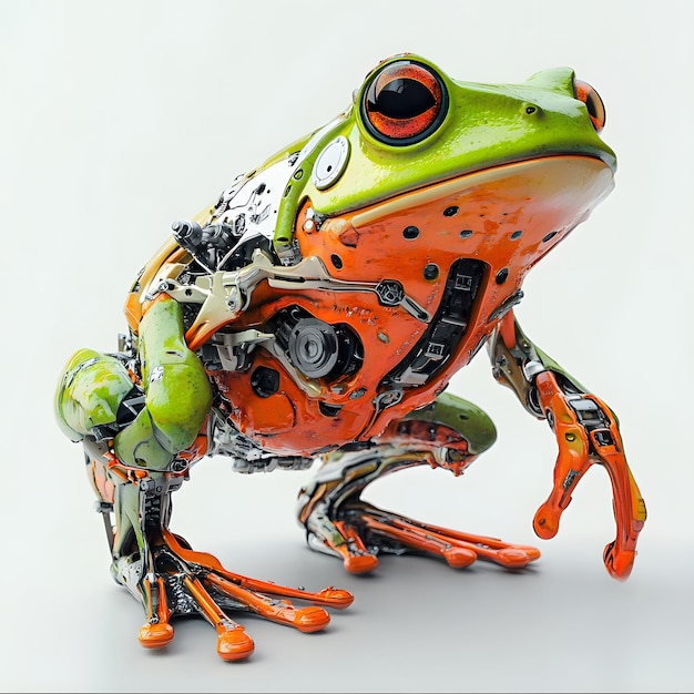 a frog with a green face and orange body and black spots on its body