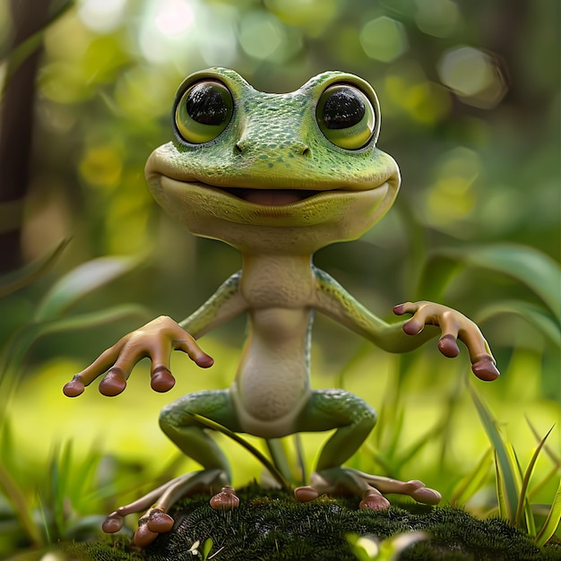 a frog with a green face stands on a plant