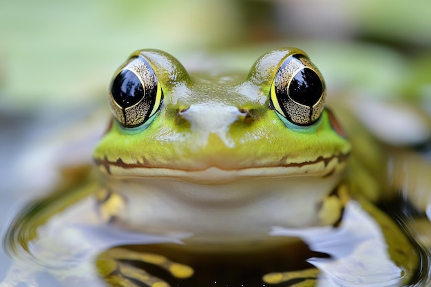 a frog with a green head and eyes that is looking up