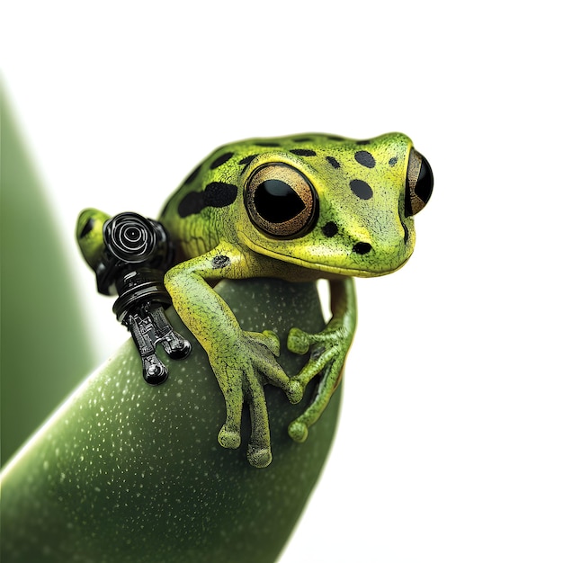 a frog with a green head sits on a plant