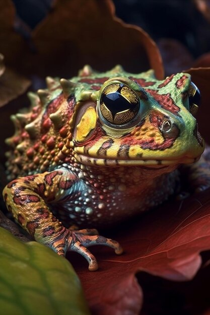 A frog with a green and yellow body and a yellow body with a black eye and a red leaf on the side.