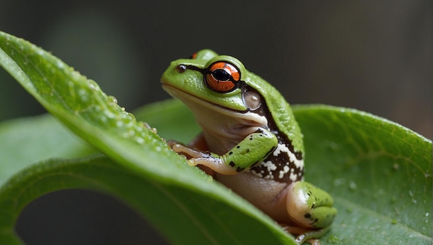 a frog with an orange eye and a red eye