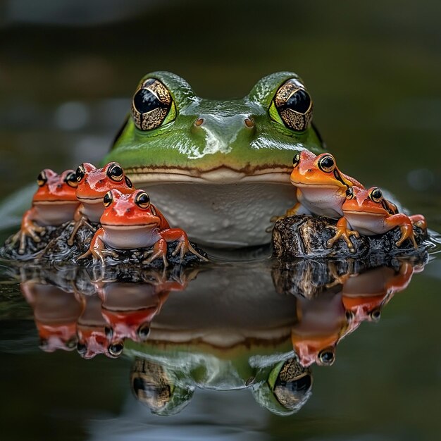 a frog with orange eyes and a red frog on the back of it