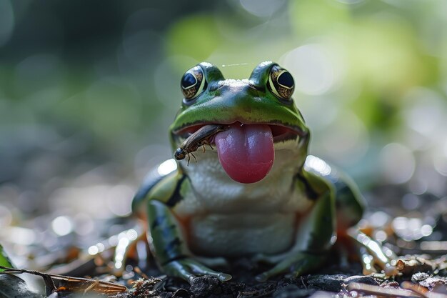 a frog with a red ball in its mouth Frog catching an insect with its tongue