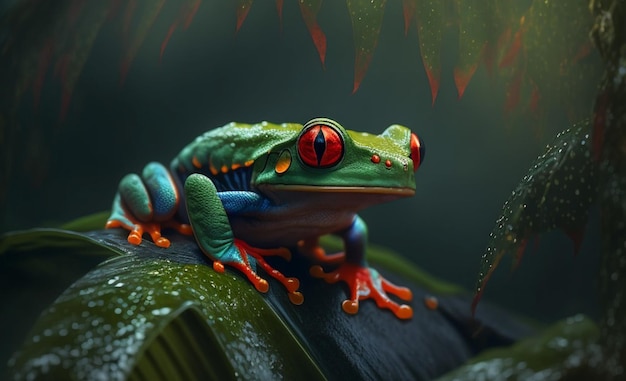 A frog with a red eye sits on a leaf.