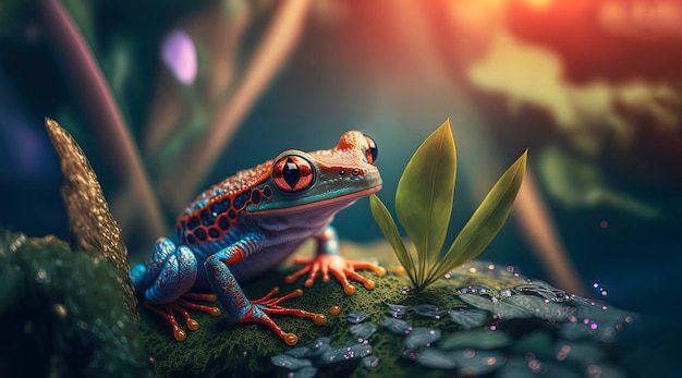 Frog with red eyes frog sitting on top of a green leaf