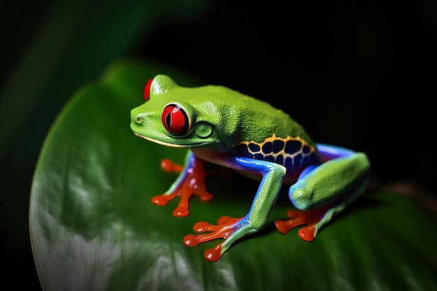 A frog with red eyes sits on a leaf.