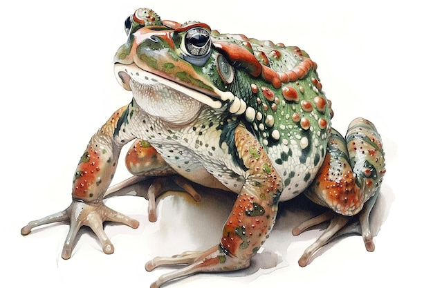 a frog with a red spot on its head is sitting on a white surface