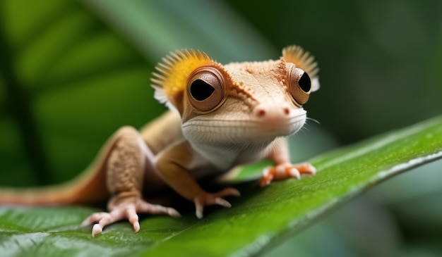 A frog with a shirt on its head sits on a leaf