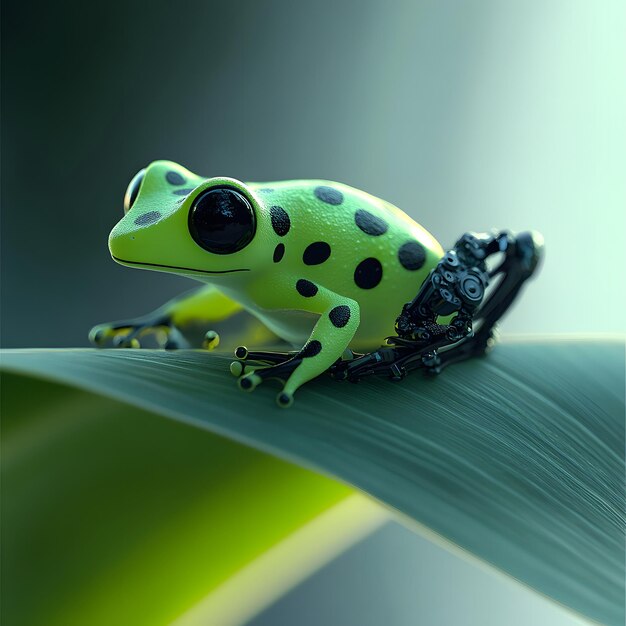 a frog with spots on its body sits on a leaf