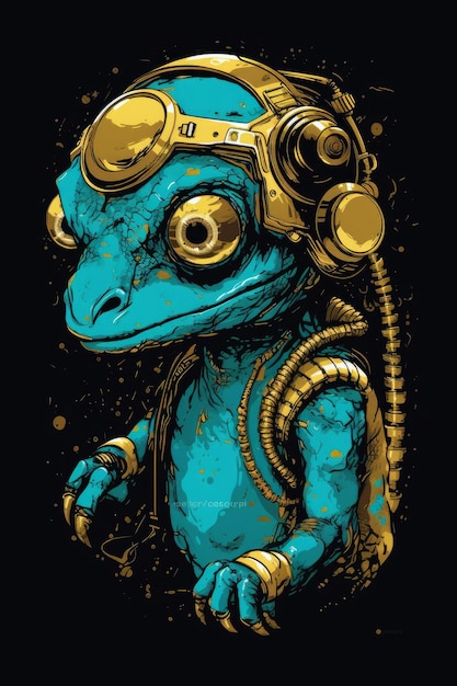 A frog with a steampunk headphones and a helmet.