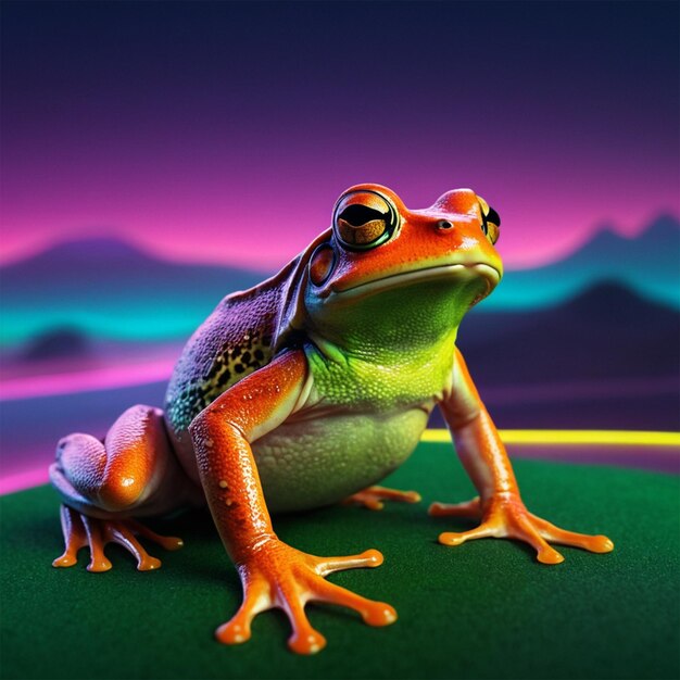 Photo a frog with sunglasses on his head sits on a green surface