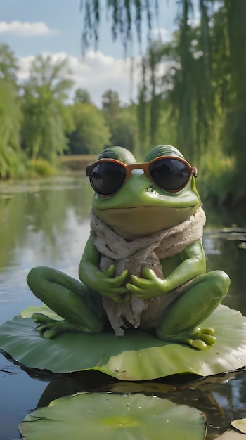 Photo a frog with sunglasses sitting on a leaf in the water