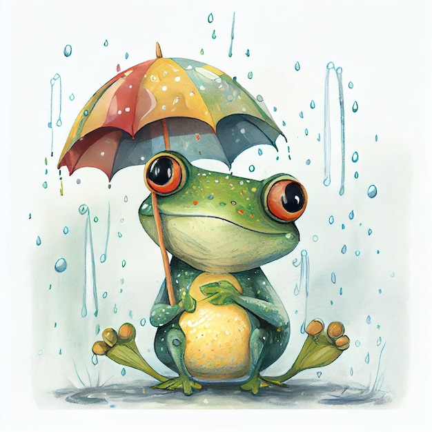 A frog with an umbrella sits in the rain.