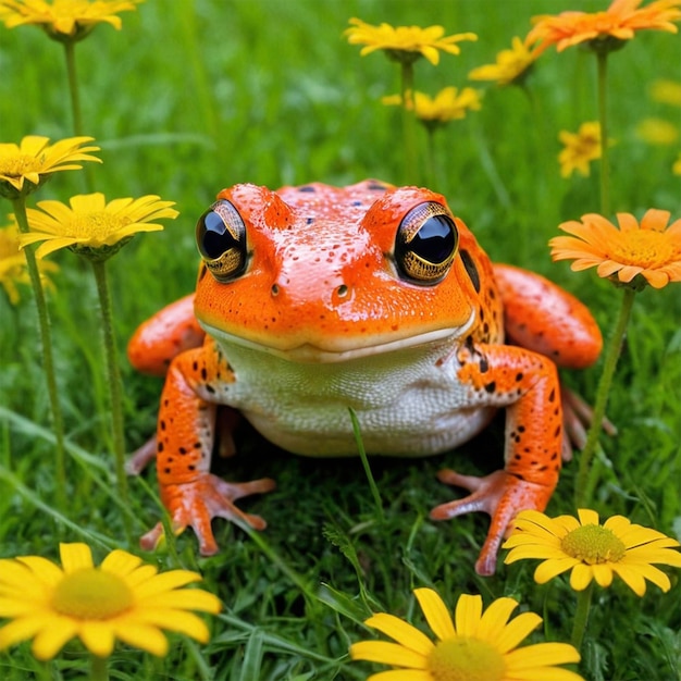 a frog with a white collar sits in a field of flowers