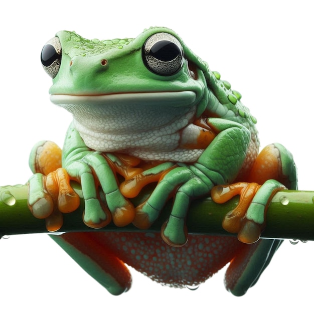 a frog with a white shirt on it sits on a branch